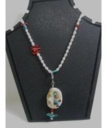 Turquoise, Coral, Freshwater Pearl, and Silver Necklace RKS87 - £98.32 GBP