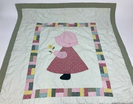 Holly Hobbie Style Quilt Girl Bonnet Patchwork Green Pink Quilted Blanket 35x39&quot; - £23.34 GBP
