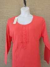  Being Casual 3X  Fine Ribbed Cotton L/S Ruffled Scoop Neck Front Top Coral - £8.92 GBP