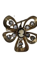 Vintage Black Cameo Set In Gold tone Flower Rhinestone Pendant Brooch Combo Pin - £9.86 GBP