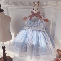 Cute blue baby girl bridesmaid dress lace white first communion dress ocean blue - £72.51 GBP