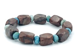 Beaded Brown Blue Jasper Chunky Stone Stretch Bracelet - £12.66 GBP