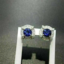 3Ct Round CZ Blue Tanzanite Push Back Halo Stud Earrings 14K White Gold Plated - £90.21 GBP