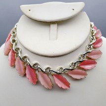 Vintage Blushing Leaves Necklace, Pink Moonglow Lucite Bib in Silver Tone Choker - £30.86 GBP