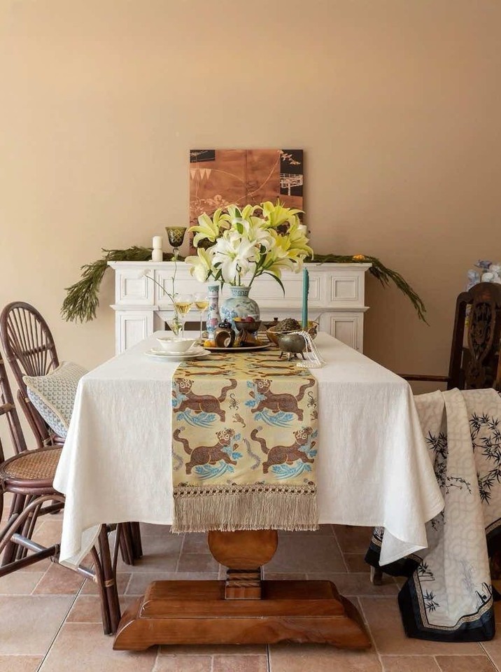 Luxurious Handmade Tiger Print Oriental Table Runner for Festive Elegance - $133.43