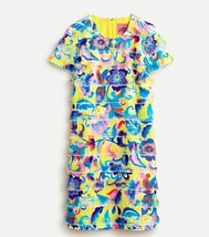 New J Crew Women Blue Curly Floral Yellow Fringe Short Sleeve Shift Dress 2 4 - £62.94 GBP