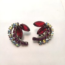 Vintage Silvertone Red Rhinestones Aurora Borealis Clip-On Earrings Unma... - $35.64