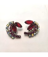 Vintage Silvertone Red Rhinestones Aurora Borealis Clip-On Earrings Unma... - £28.02 GBP