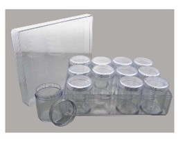 Clear Polystyrene plastic BOX with Lid and 12 STORAGE JARS with Screw On... - $4.00
