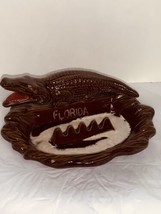 Vintage Florida Alligator Brown Drip Glaze Ceramic Redware Ashtray  w/ Gold EUC - £10.14 GBP