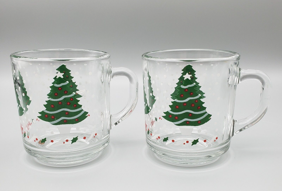 Vintage Anchor Hocking Christmas Mugs Trees Joy Holly Winter Holiday Pair Cups - $10.36
