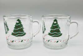 Vintage Anchor Hocking Christmas Mugs Trees Joy Holly Winter Holiday Pair Cups - £8.27 GBP