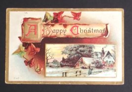 A Happy Christmas Snow Scenic View Autumn Leaves Gold Embossed Postcard c1910s - £6.26 GBP