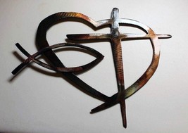 Heart &amp; Cross and Fish Metal Wall Art Copper and Bronzed Plated- 7 3/4 wide x 6&quot; - £15.13 GBP