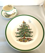 Spode Christmas Tree 2 Dinner Plates 2 Cups &amp; Saucer England Green Trim ... - £36.76 GBP