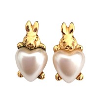 Faux Pearl &amp; Gold Tone Easter Bunny Rabbit Pierced Earrings - £7.81 GBP
