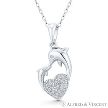 Heart Dolphin CZ Crystal 925 Sterling Silver Rhodium Necklace Pendant Love Charm - £12.96 GBP+