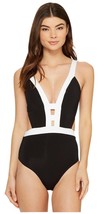 NWT JETS by Jessika Allen 6/10 $205 swimsuit black white plunging one-pi... - $94.99