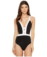 NWT JETS by Jessika Allen 6/10 $205 swimsuit black white plunging one-pi... - £75.91 GBP