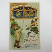 Postcard New Years Blonde Boy Rings Bell Holly Night Stars Gold Embossed Antique - £15.79 GBP