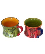 Owl Mug Set Stackable Hand Painted Stoneware Orange and Green 3&quot; - £8.92 GBP
