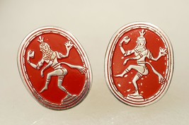 Vintage Mens Jewelry Silver Metal Red Enamel Thailand Siam Goddess Cuff Links - £14.79 GBP