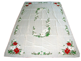 Christmas Tablecloth Cover Poinsettia Holly Extra Large Holiday Linen 8 x 5 Feet - £7.85 GBP