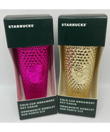 Two Starbucks 2022 Metallic Gold + Sangria Pink Cold Cup Ornament Key Chain - £21.68 GBP