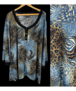 Maggie Barnes Tunic Top Liquid Slinky Travel Knit Animal Print Blue Leop... - $39.62