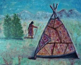 Painting Indian Teepee Original Bob Ross Style Signed Art Native By Carla Dancey - £31.05 GBP