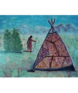 Painting Indian Teepee Original Bob Ross Style Signed Art Native By Carl... - $39.76