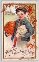 Thanksgiving Boy With Pumpkin And Turkey Postcard V22 - £5.46 GBP
