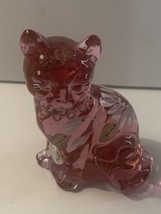 Fenton 95TH Anniversary Rose Pink Art Glass Cat~Hand Painted Flowers By E. Lowe - $58.07