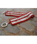 Silver &amp; Red Hand-Woven Bead Bracelet -- Peyote Stitch, Bugle &amp; Seed Beads - £25.16 GBP