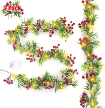 2 Pack Christmas Garland with Lights 5.9Ft Christmas Garland with Red Berries Gr - £21.50 GBP