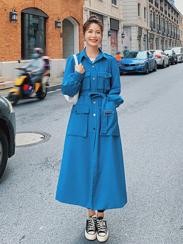 LANMREM Blue Trench Coat For Women   New Solid Color Lapel Buttons Long ... - £295.70 GBP