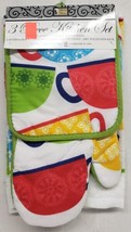 3Pc Printed Kitchen Set:1Pot Holder 1Oven Mitt &amp;1 Towel Colorful Coffee Cups Bh  - £19.16 GBP