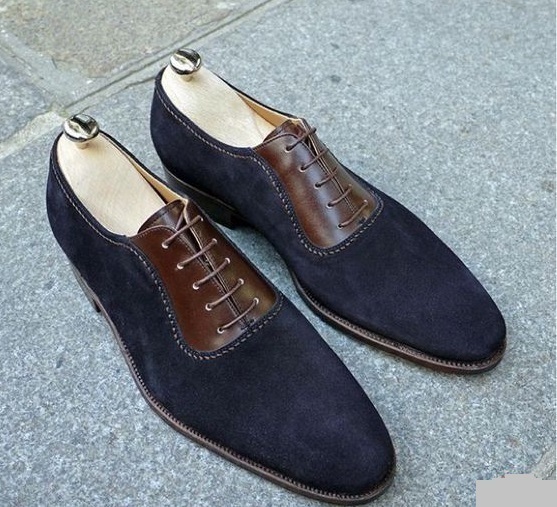 New Handmade Navy Suede & Brown Leather Shoes, Men Oxford Formal Shoes 2019