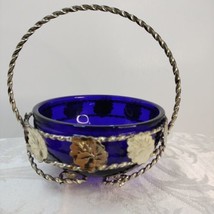 Vtg. Cobalt Blue Round Candy Bowl W/Metal Silver Tone Basket W/Twist Handle &amp;... - £12.86 GBP