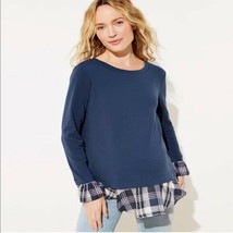 LOFT Layered Look Navy Ribbed Blouse with Plaid attached Shirt Top Ann Taylor - £19.73 GBP