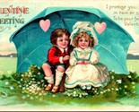 Vtg Postcard Valentine Greetings Children Under Umbrella Promise Rain or... - £10.13 GBP