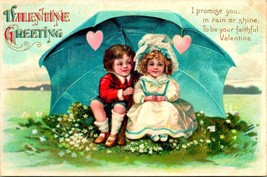 Vtg Postcard Valentine Greetings Children Under Umbrella Promise Rain or Shine - £12.34 GBP