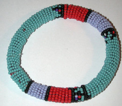 Vintage glass seed bead Beaded Bangle Bracelet Ethnic red blue black - £14.05 GBP