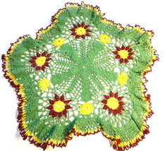 Antique Green Yellow and Brown crocheted 16&quot; diameter doily RARE - £19.74 GBP