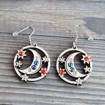 Wooden Earrings Moon &amp; Stars with crystal,Unique gifts for women,Wooden jewelry - £32.46 GBP