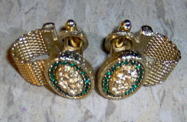 Dante Vintage Cufflinks Wrap around Mesh gold color green color encrusted 1960s - £85.57 GBP