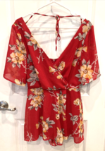 Charlotte Russe Romper Womens Small Red Floral Sheer Short Sleeve V Neck Dressy - £5.06 GBP