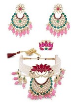 Jabells  Green  Pink Meenakari Lotus Pearls Choker Necklace Earring  rakhi gift - £20.05 GBP