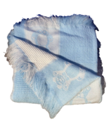 Creaciones AR Baby Blanket Teddy Bears Blue White Color Block Fringe Acr... - £18.55 GBP