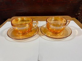 Pair Jeanette Marigold Cup and Saucer Sets Vintage Jeanette Glass Cups Saucers - £15.39 GBP